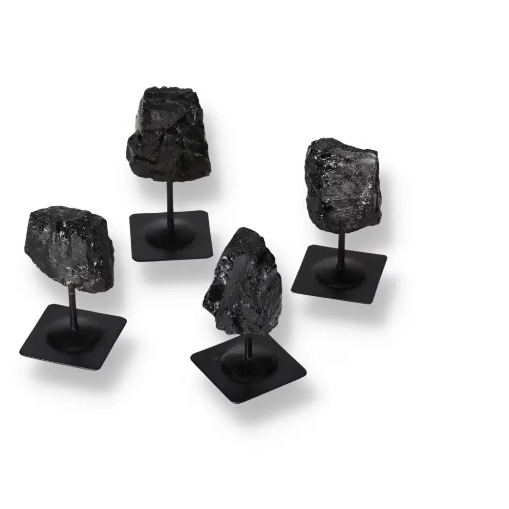 Rough Tourmaline stones on metal stands showcasing natural colors from deep black to green and pink, Sylvia Crystals product display.