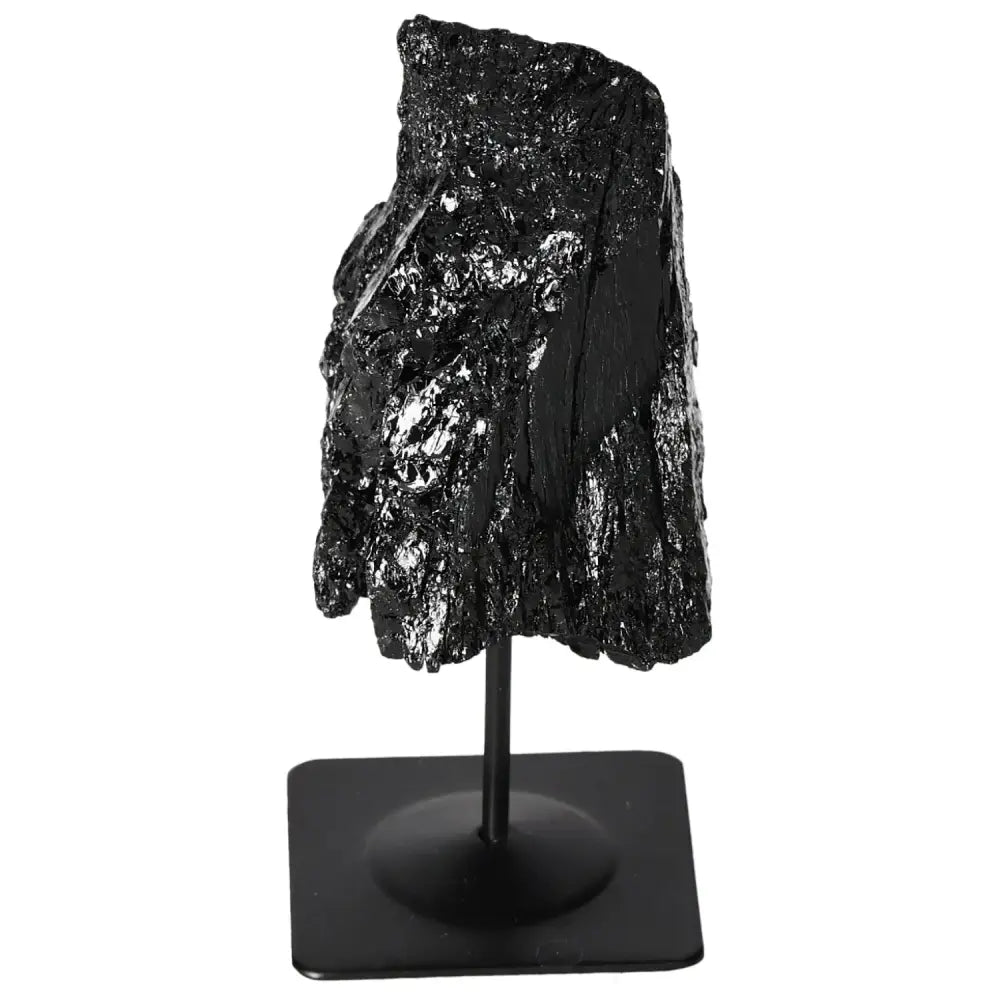 Rough Black Tourmaline on Sleek Metal Stand, Exquisite Sylvia Crystals Décor Piece