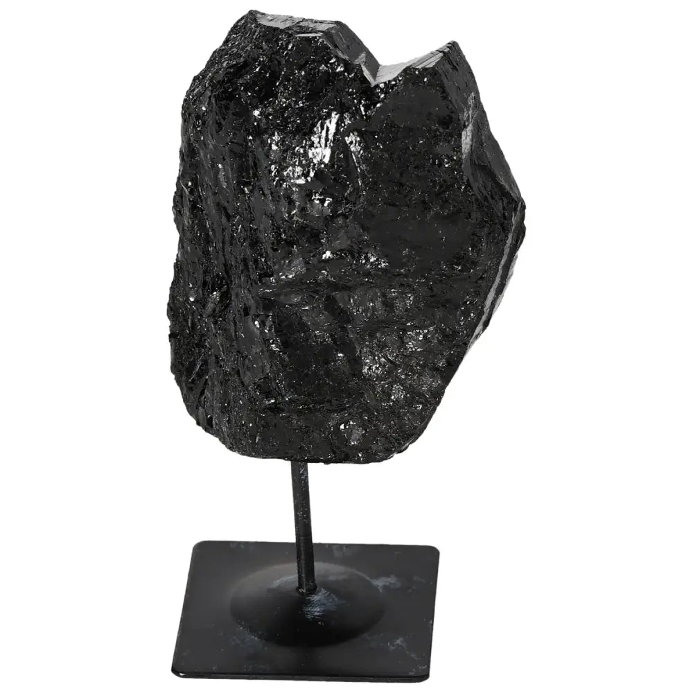 Rough Black Tourmaline on Metal Stand by Sylvia Crystals, showcasing natural elegance and quality craftsmanship.