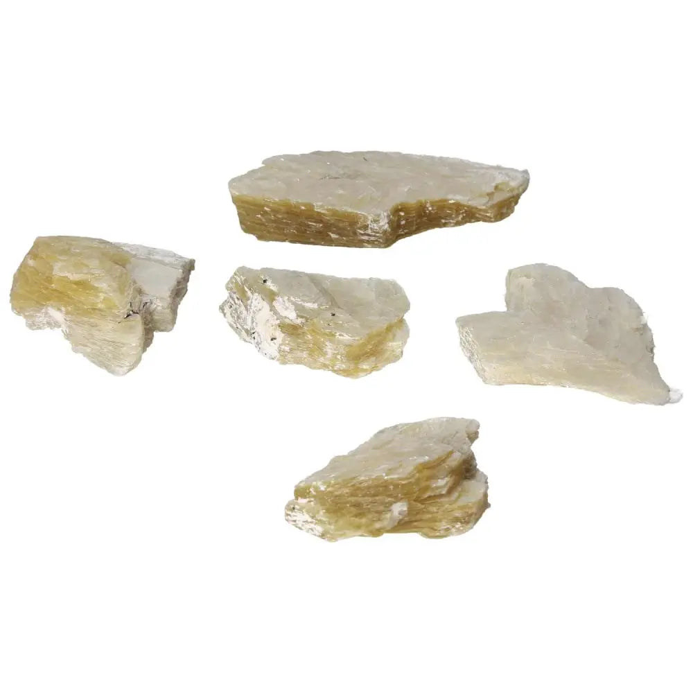 Five rough yellow mica stones from Sylvia Crystals, showcasing their natural beauty and earthy energy for spiritual exploration.