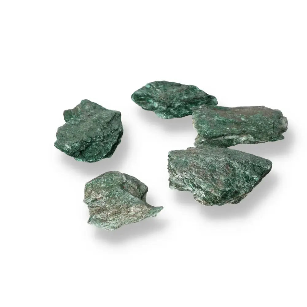 Rought Fuchsite crystals showcasing their vibrant green hues and textured surfaces, ideal for emotional and physical healing.