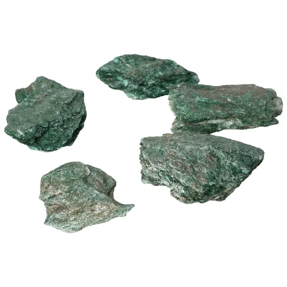 Exquisite green rough Fuchsite stones, known for heart-centered energy, from Sylvia Crystals.
