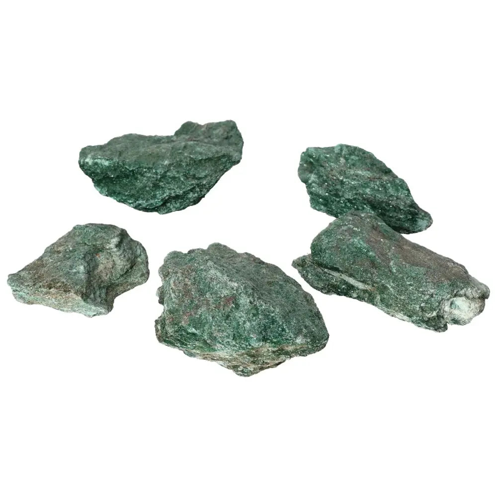 Five pieces of Rought Fuchsite crystal showcasing their rich green muscovite mica texture, valued for heart-centered healing energy.