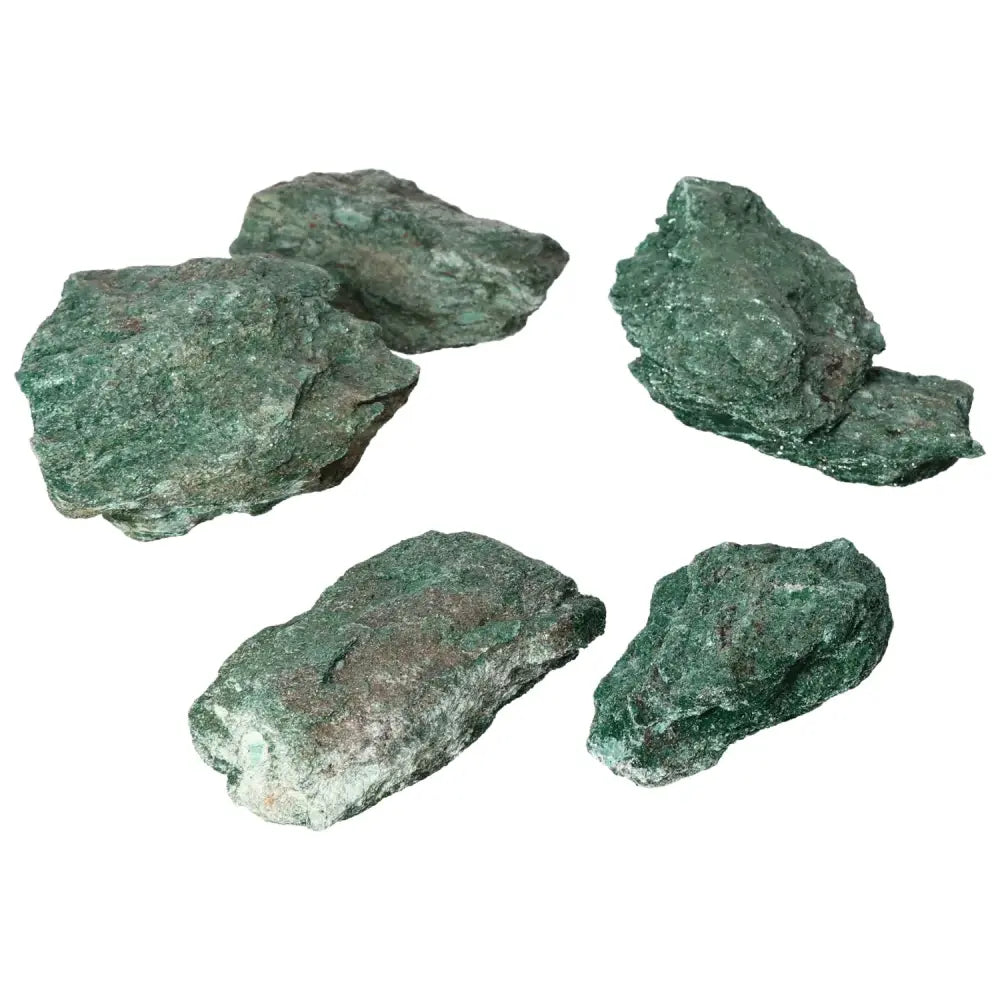 Rought Fuchsite stones from Sylvia Crystals, showcasing green muscovite mica known for emotional and physical healing properties.