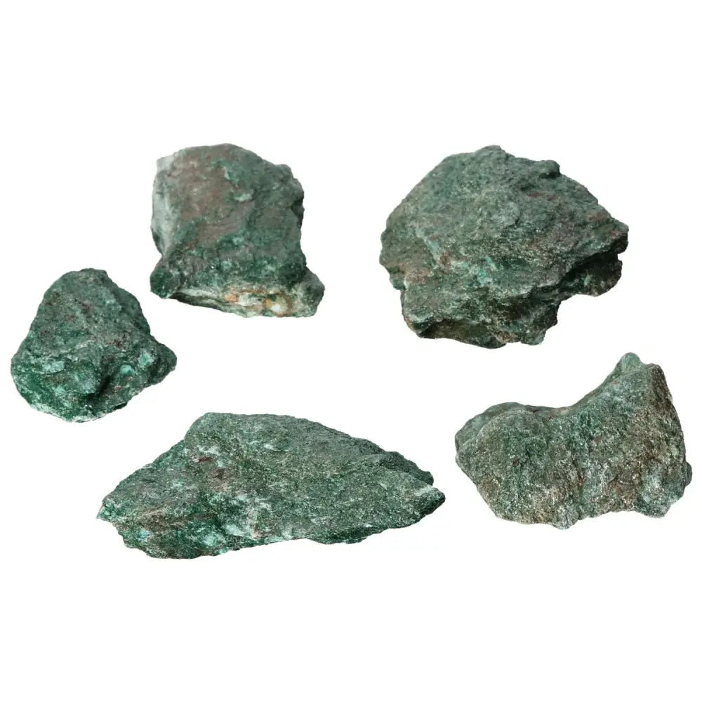 Rought Fuchsite stones displaying vibrant green hues, handpicked from Sylvia Crystals' premier collection.