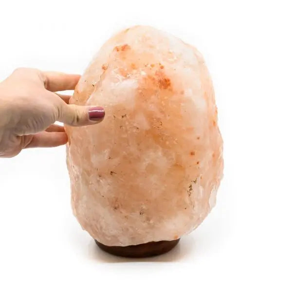 Hand holding a 12kg Himalayan salt lamp showing its natural pink salt crystal structure.