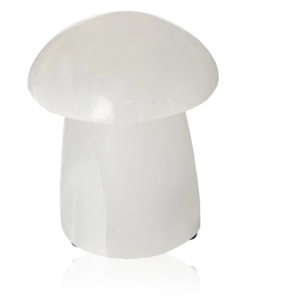 Selenite Mushroom Lamp 15cm - nature-inspired crystal art for a serene and cozy ambiance, crafted from genuine selenite stone.