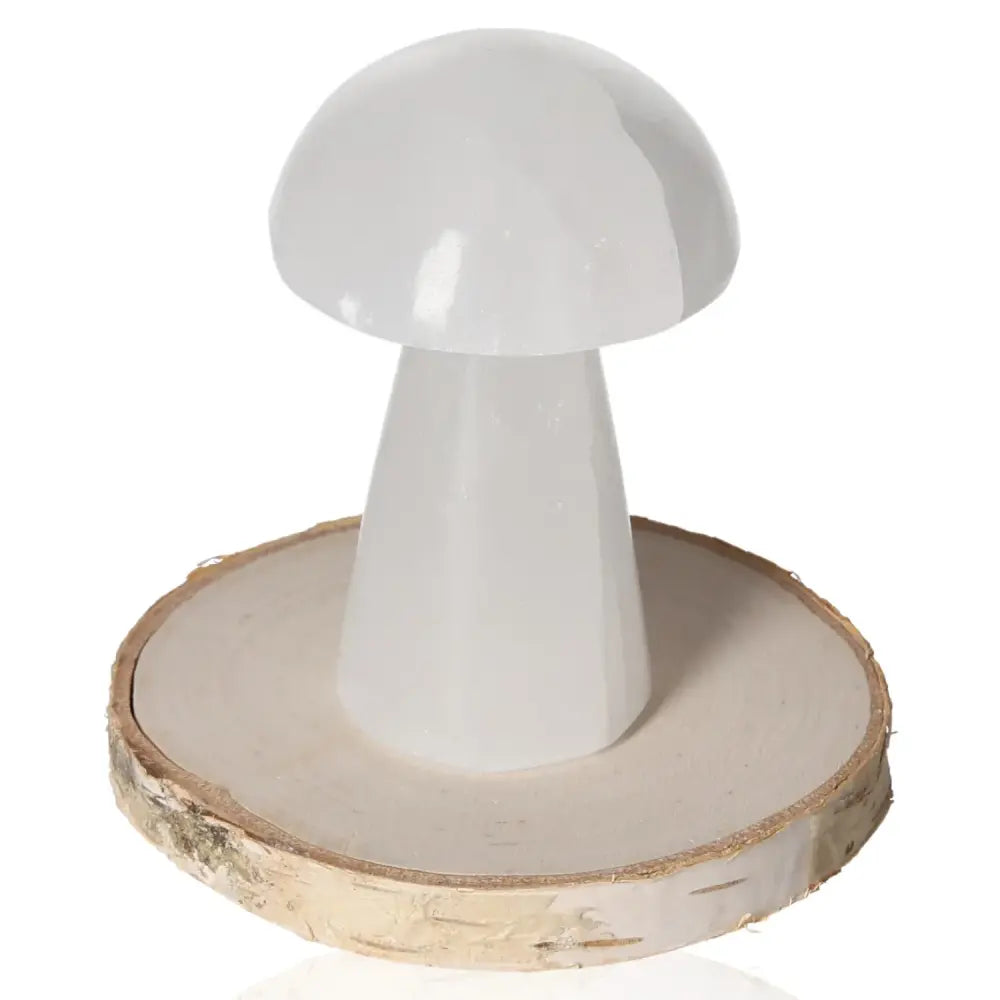 Selenite mushroom figurine 8cm, showcasing glass-like transparency and natural striations for a calming, harmonious atmosphere.