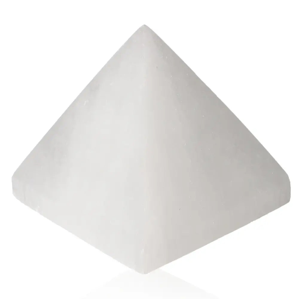 Selenite pyramid with silky finish, 10cm size, showcasing transparent crystal with striations for calm and harmonious energy.