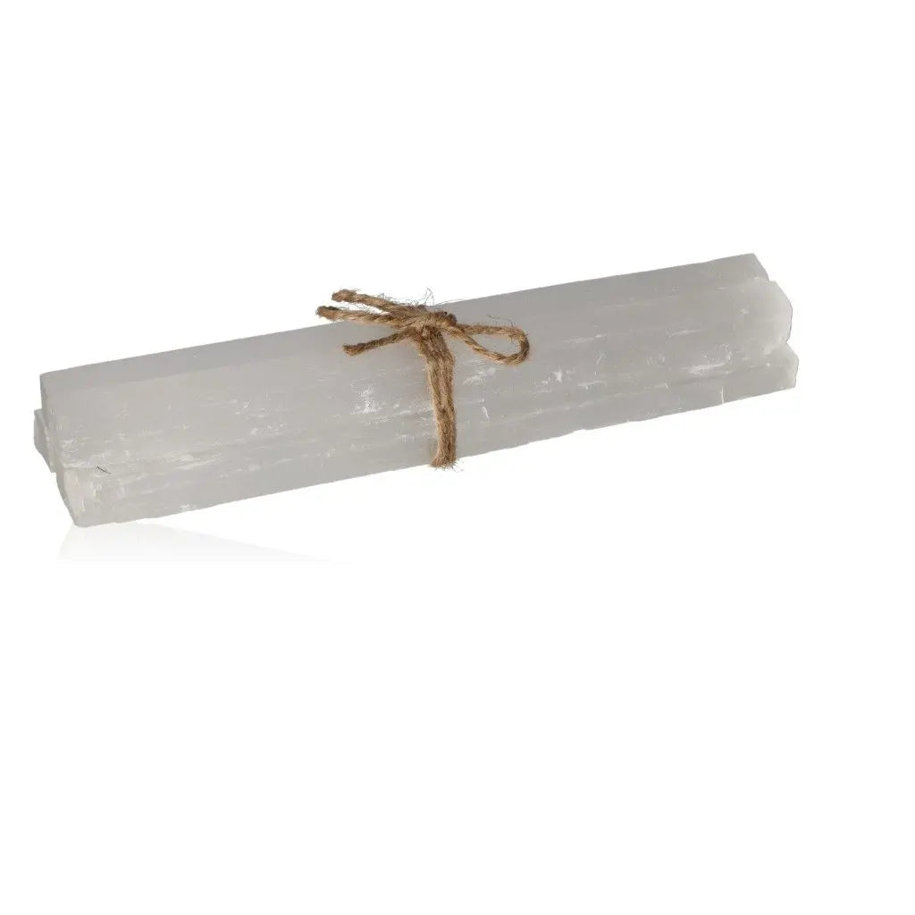 Selenite rough bundle tied with twine, offered by Sylvia Crystals for spiritual growth and mindful living.
