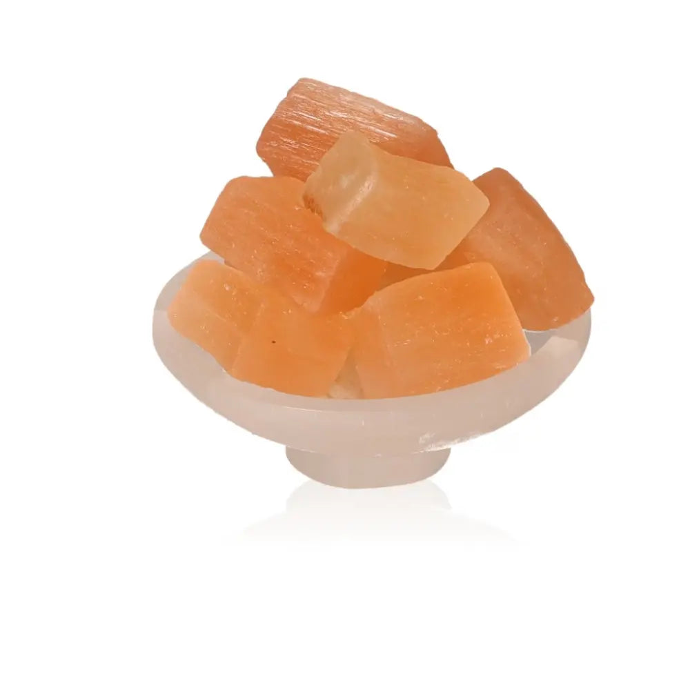 10cm selenite bowl with rough orange crystals by Sylvia Crystals for mindful living and spiritual growth.