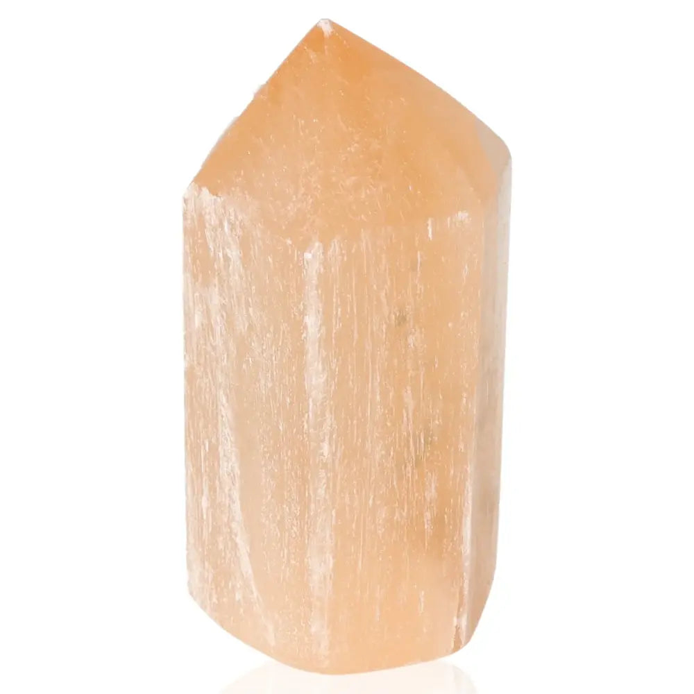 Elegant 10cm orange selenite crystal with natural striations, known for its purifying energy and ability to enhance tranquility in spaces.