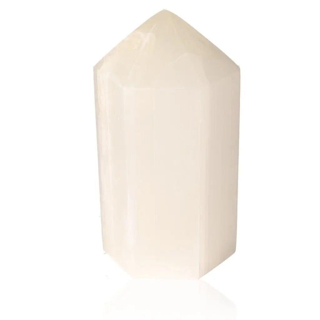 Sylvia Crystals' hexagonal selenite tower for purity and spiritual growth.