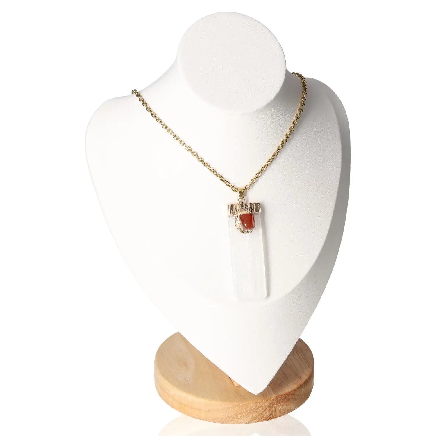 Selenite with Carnelian Necklace by Sylvia Crystals on display bust, showcasing the blend of crystal purity and vitality.