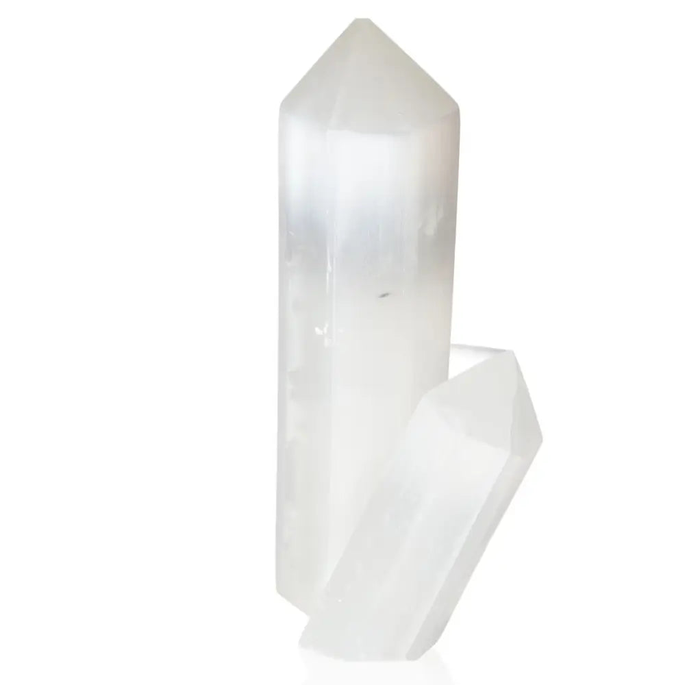 Two Selennite crystal points from Sylvia Crystals, symbolizing purity and spiritual growth.