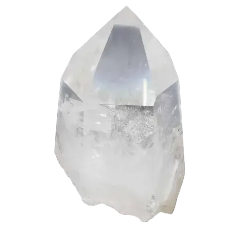 Semi Polished Clear Quartz Point with Stand, known for amplifying energy and intention, on a refined display stand against a dark background.