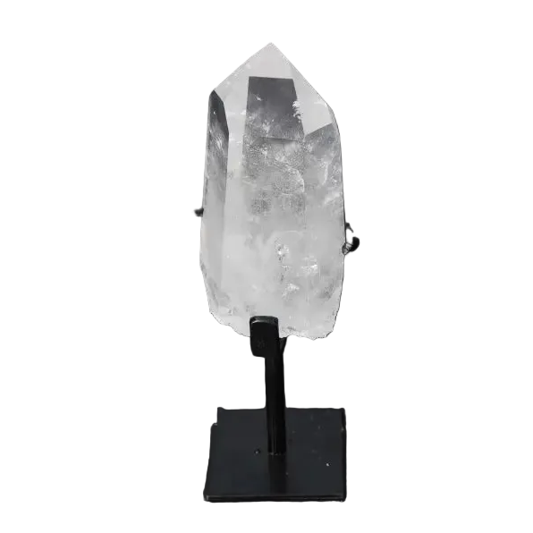 Semi polished clear quartz point on stand for amplifying energy, clarity, and focus; ideal for meditation and manifestation.