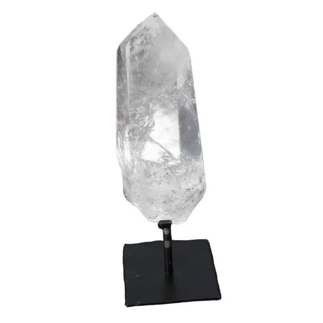 Semi Polished Clear Quartz Point on Stand, amplifying energy and clarity, ideal for meditation and manifestation purposes.