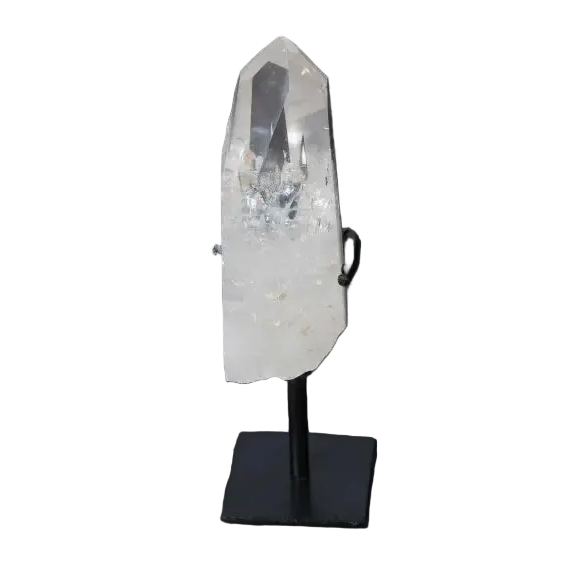 Semi Polished Clear Quartz Point on stand, ideal for meditation, energy work, enhancing clarity and intention, on a dark background.