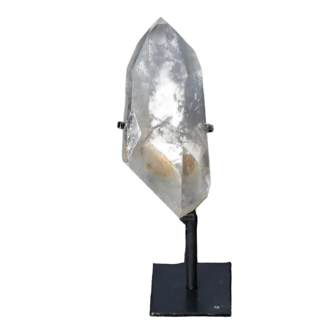 Semi-polished smoky quartz point with stand, showcasing earthy tones and smooth faces, ideal for grounding and protection.