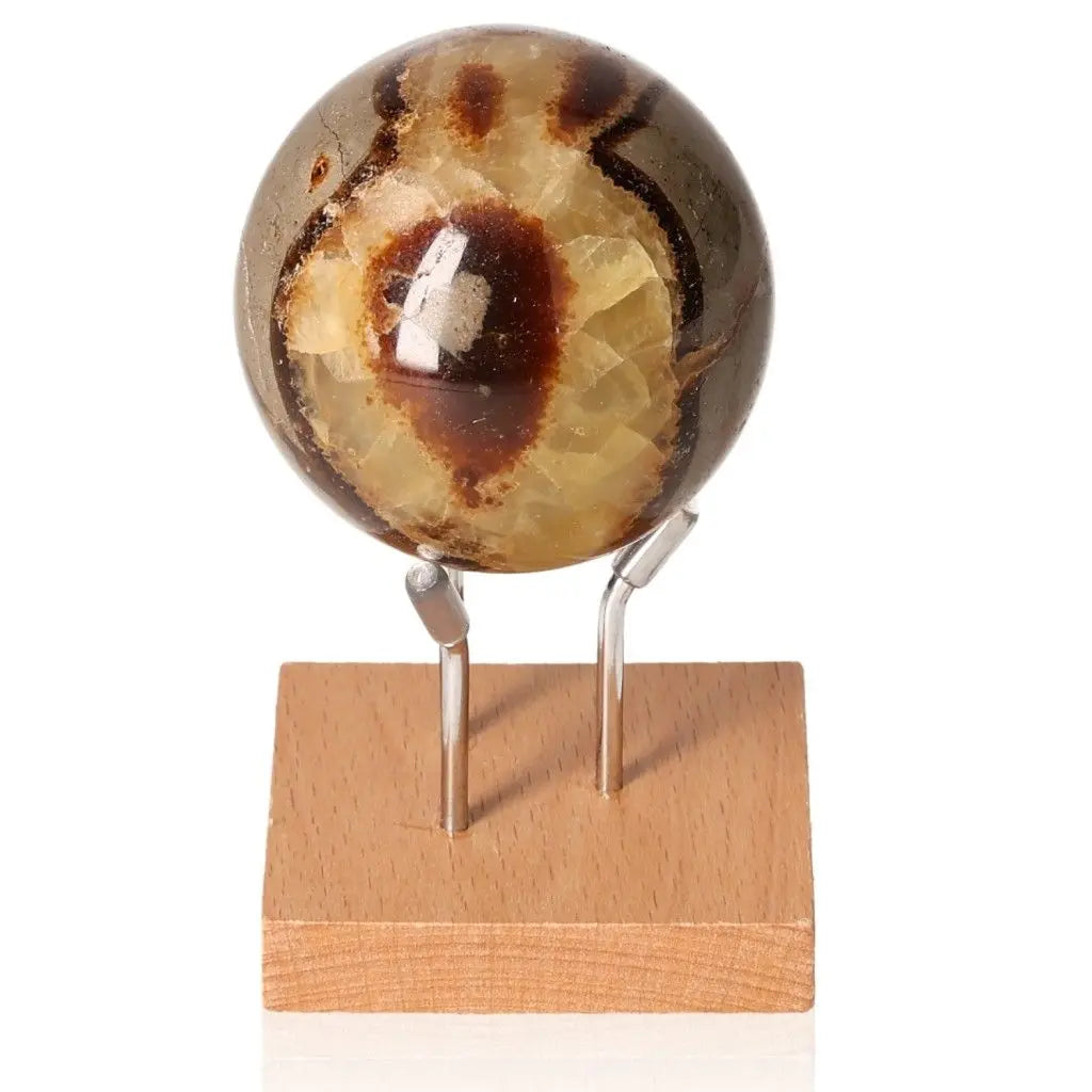 Septarian Sphere, also known as Dragon Stone, showcasing unique patterns on a wooden stand, symbolizing power and endurance.