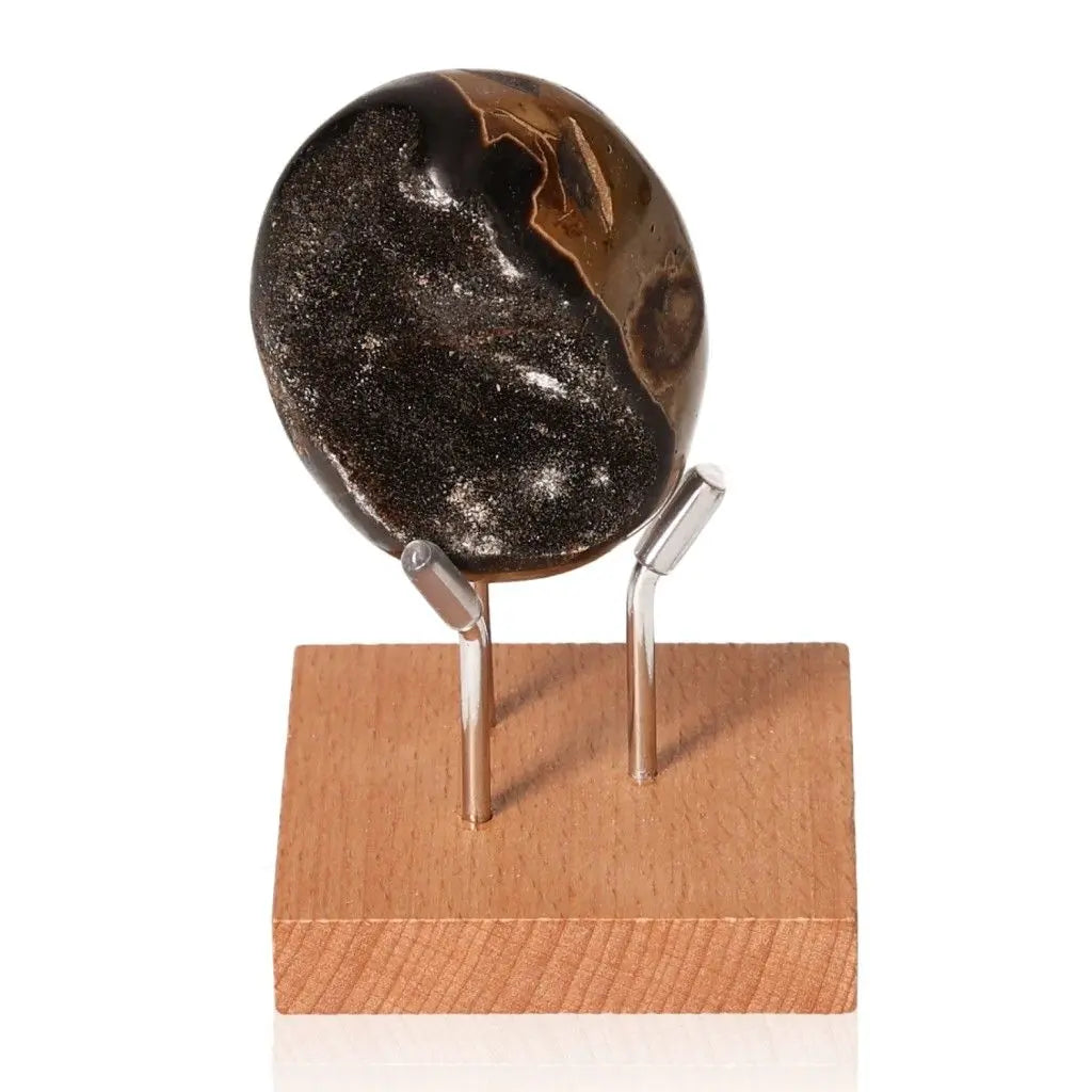 Polished septarian stone on a wooden stand, showcasing its unique patterns and textures, symbolizing endurance and strength.