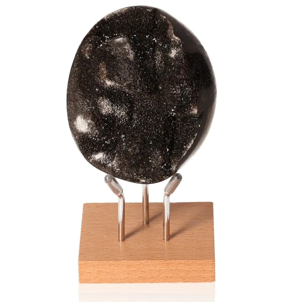 Polished septarian stone displayed on a wooden stand, highlighting its unique texture and appearance, known as a Dragon Stone.