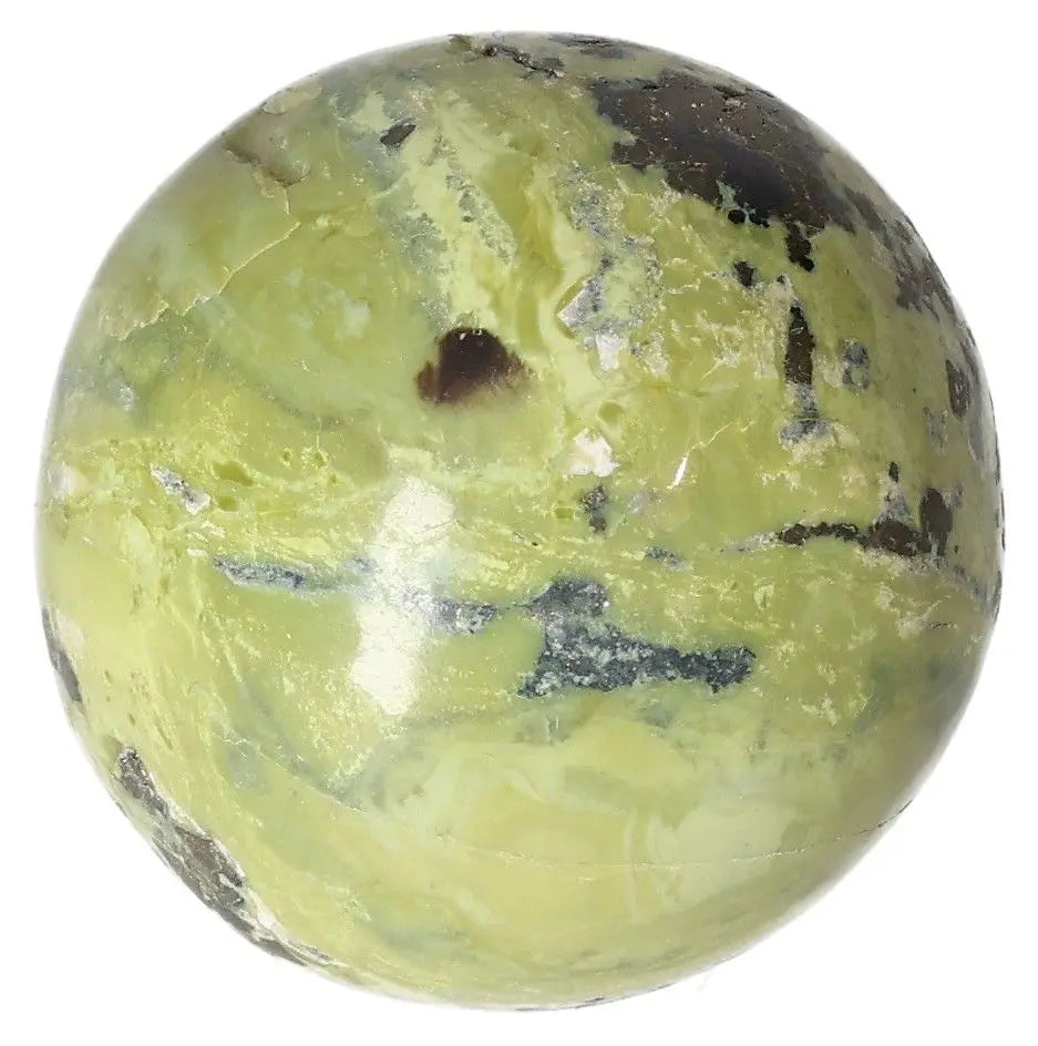 Polished serpentine sphere with healing properties for meditation and spiritual growth, enhancing emotional balance and connection to nature.