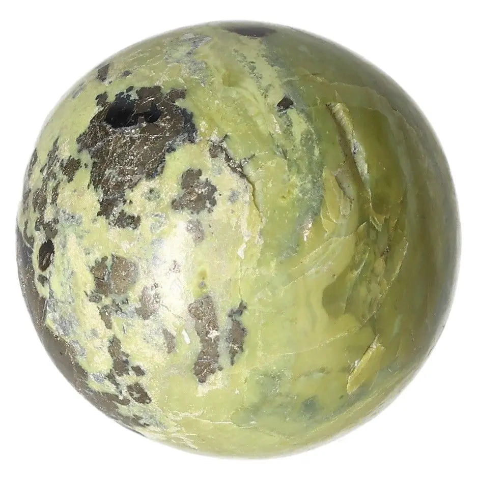 Serpentine sphere for healing and meditation, activates Heart Chakra, promotes emotional balance and spiritual wisdom.