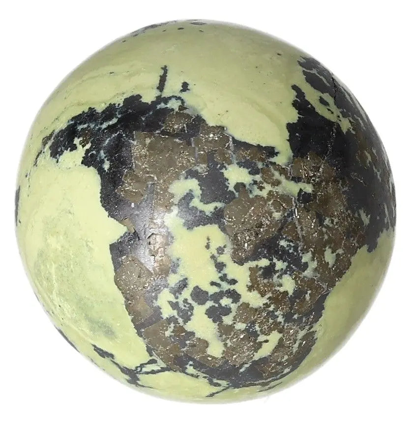 Serpentine sphere with healing energy, promoting spiritual wisdom and emotional balance; enhances meditation and heart chakra activation.