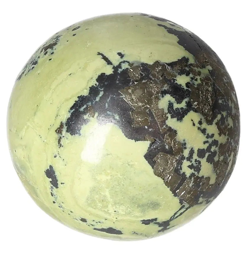 Serpentine sphere offering healing energy, spiritual wisdom, activates Heart Chakra for meditation and emotional balance.