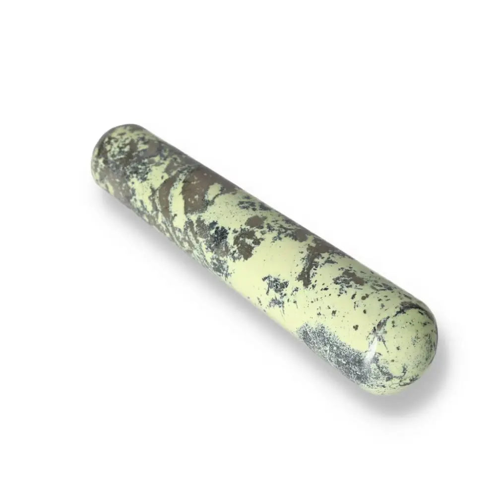 Serpentine wand for healing, spiritual wisdom, and meditation, activating the Heart Chakra for emotional balance and transformation.