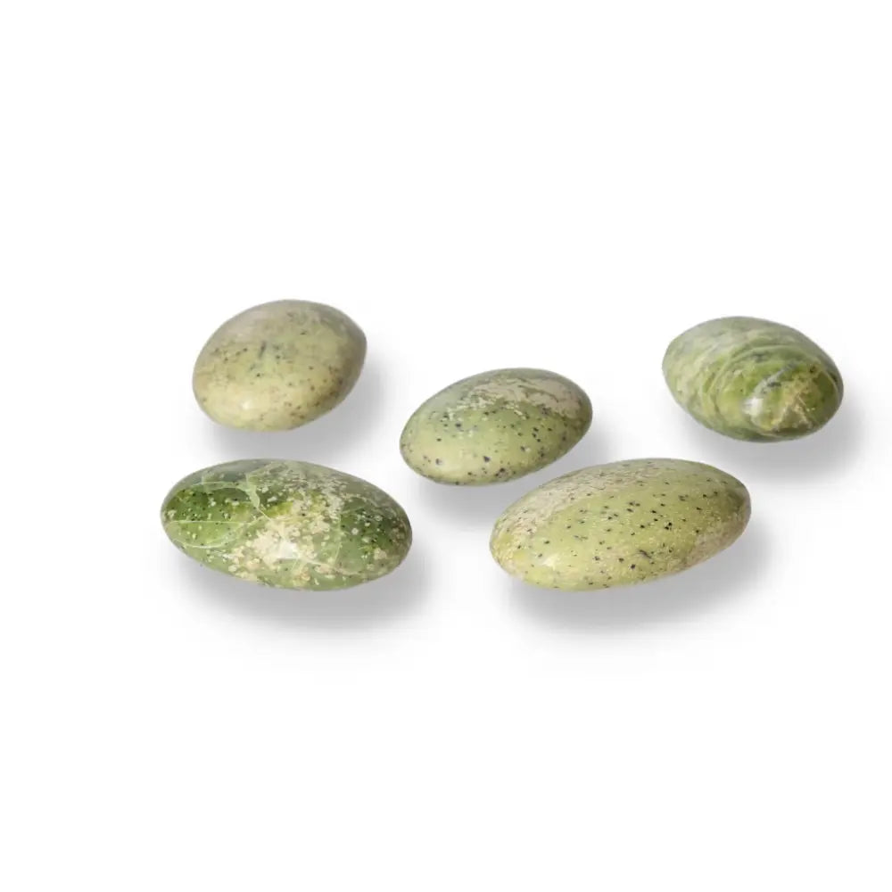 Serpentine Palm Stones with vibrant green hues for meditation and stress relief