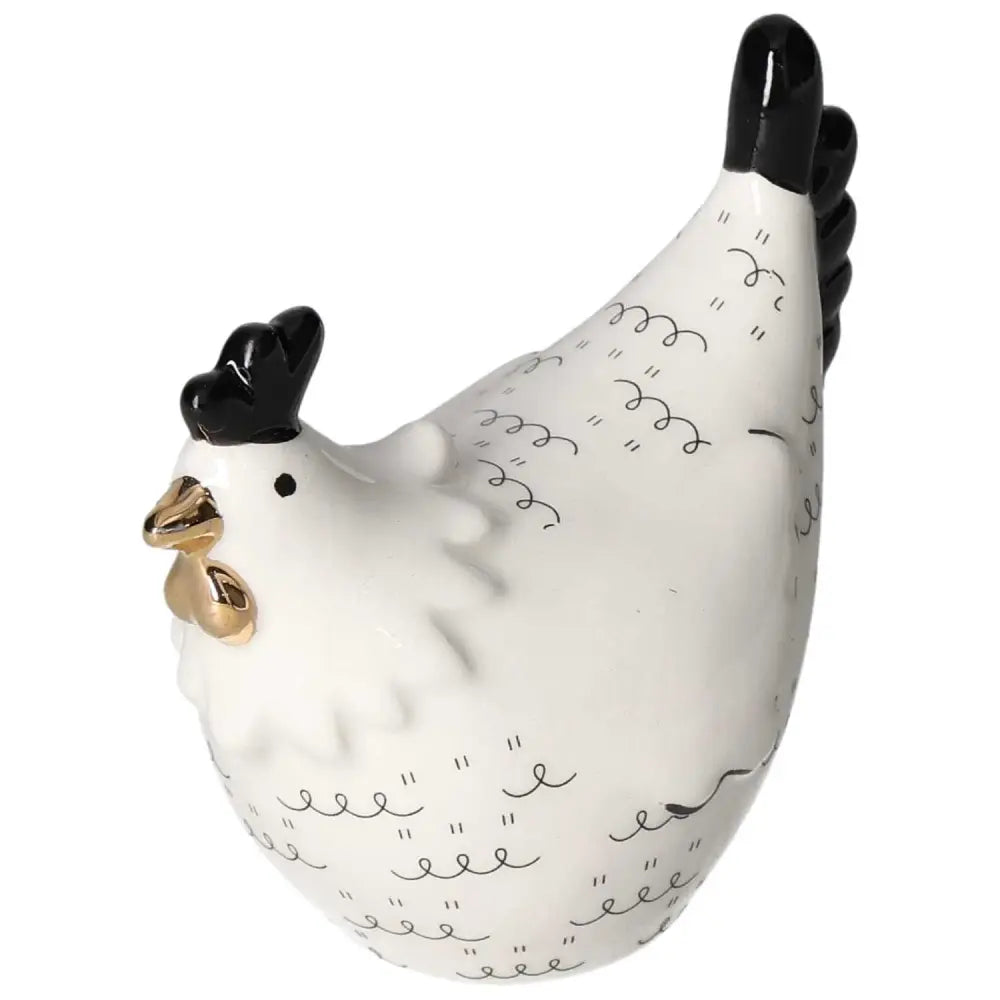 Small Ceramic Chicken by Sylvia Crystals, a luxurious white ceramic decor piece with black and gold accents for conscious living spaces.