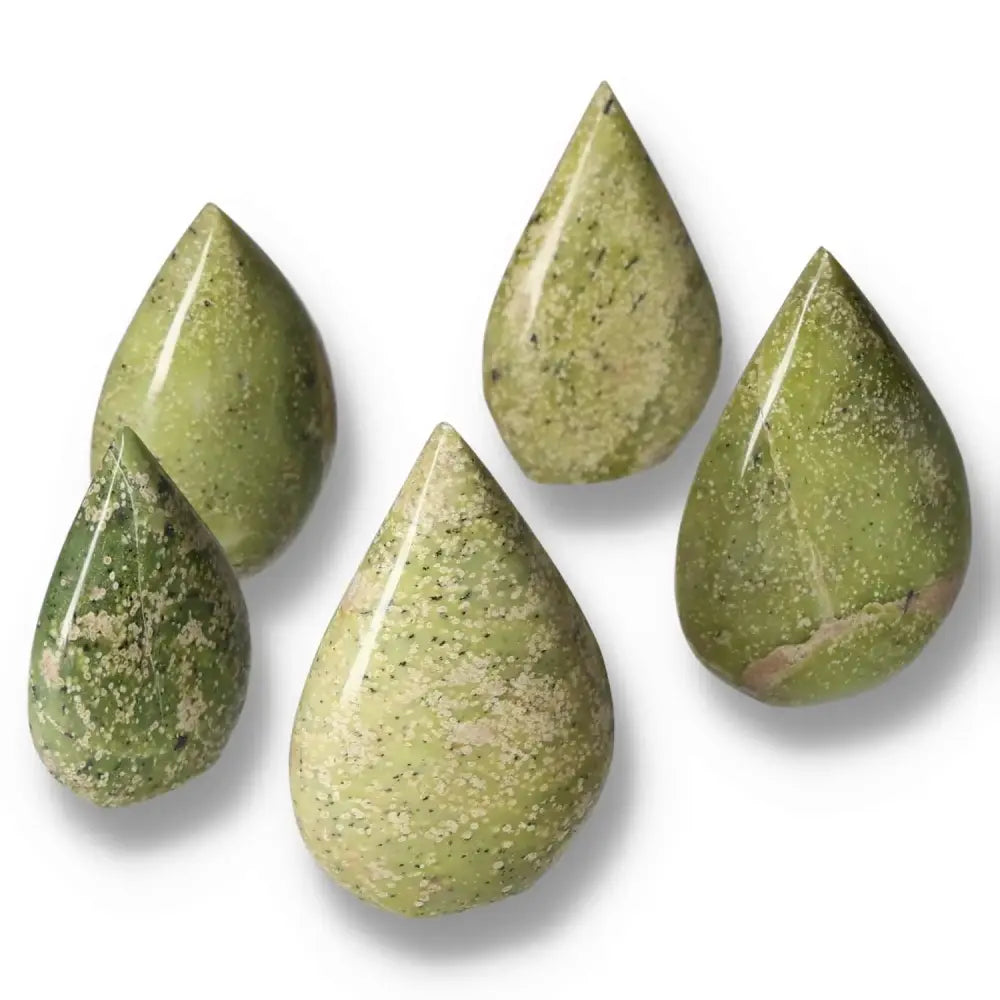 Small Serpentine Drop crystals with vibrant green hues, perfect for meditation and spiritual growth. Authentic and hand-selected.