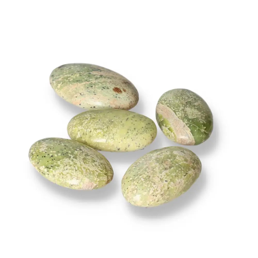 Five polished small serpentine palm stones in vibrant green hues for meditation and tranquility.