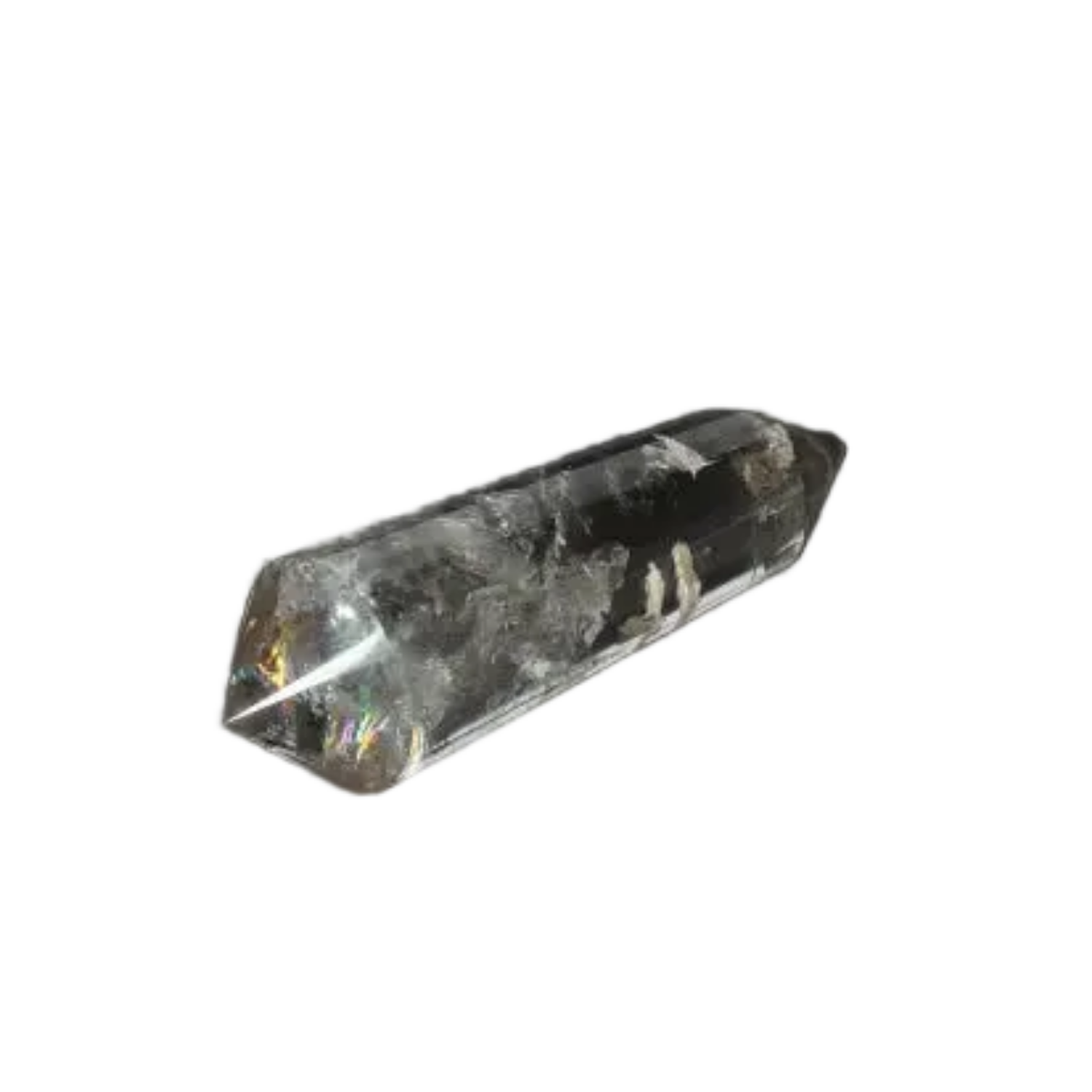Smoky Quartz Point crystal on dark background, showcasing translucent tones and polished surface for grounding and protective energy.
