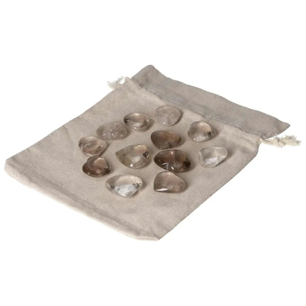 Bag of Smoky Quartz small heart stones for decision-making support and clear thinking, ideal for businessmen and professionals.