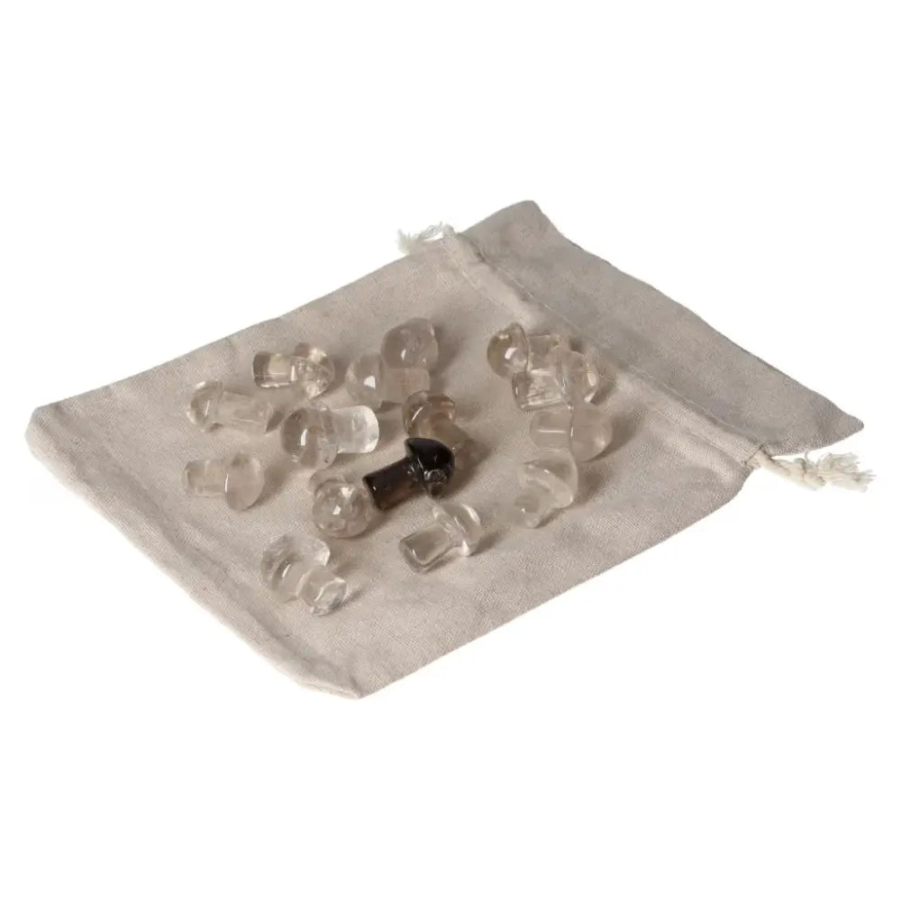 Smoky Quartz small mushroom-shaped stones on a cloth bag, ideal for grounding and decision-making support.