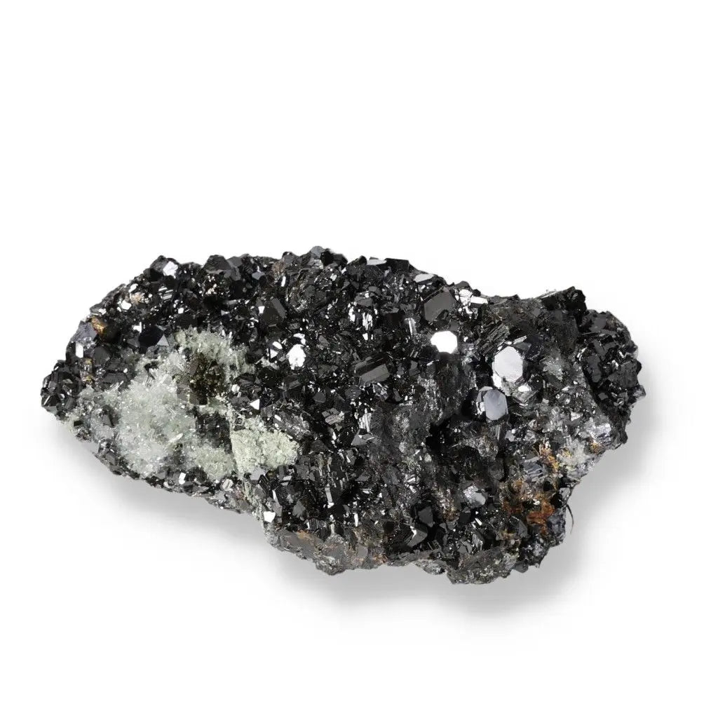Sphalerite mineral cluster with its distinctive dark crystals and reflective surface, used in jewelry and spiritual practices.