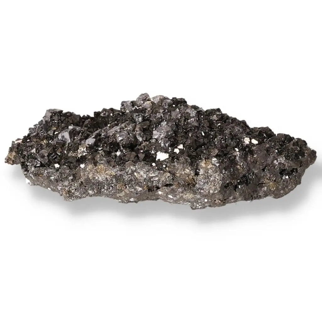 Raw sphalerite gemstone with sparkling crystals, used in jewelry and healing, showcasing dark hues and grounding properties.