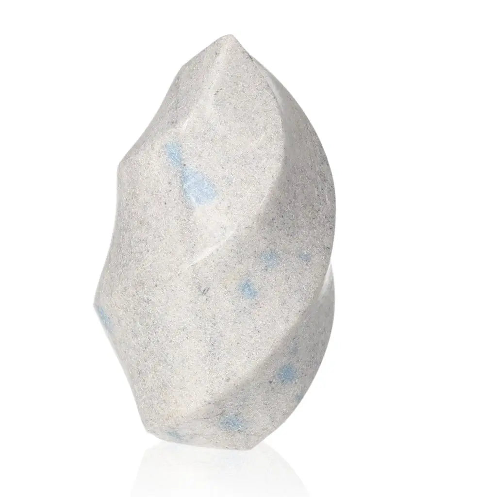 K2 Spinel Flame gemstone with unique blue and white patterns, symbolizing spiritual connection and inner wisdom, enhances intuition and clarity.