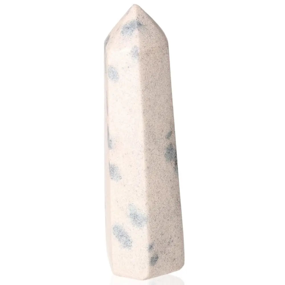 K2 Spinel Tower with blue and white patterns, enhances intuition, activates Third Eye and Crown Chakras for spiritual insight.