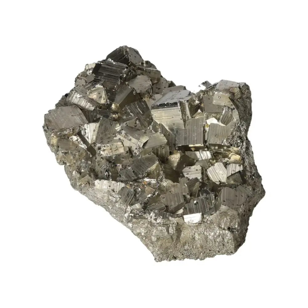 Superior quality pyrite cluster with metallic luster and geometric cubic formations, showcasing natural elegance and brilliance.