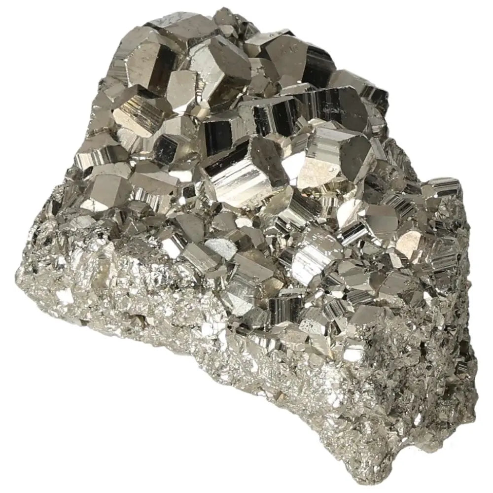 Superior quality pyrite cluster displaying natural cubic formations and metallic luster.
