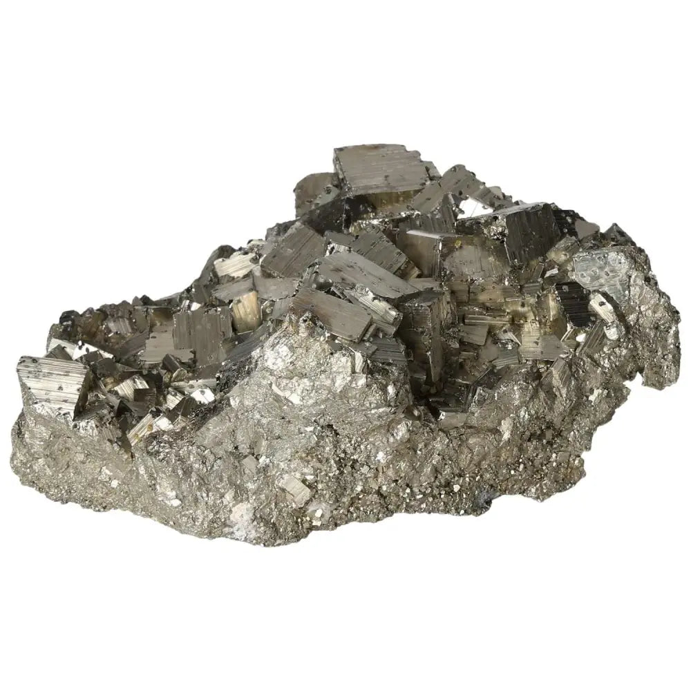Superior quality pyrite cluster with geometric cubic formations and metallic luster, showcasing natural sculptural beauty.