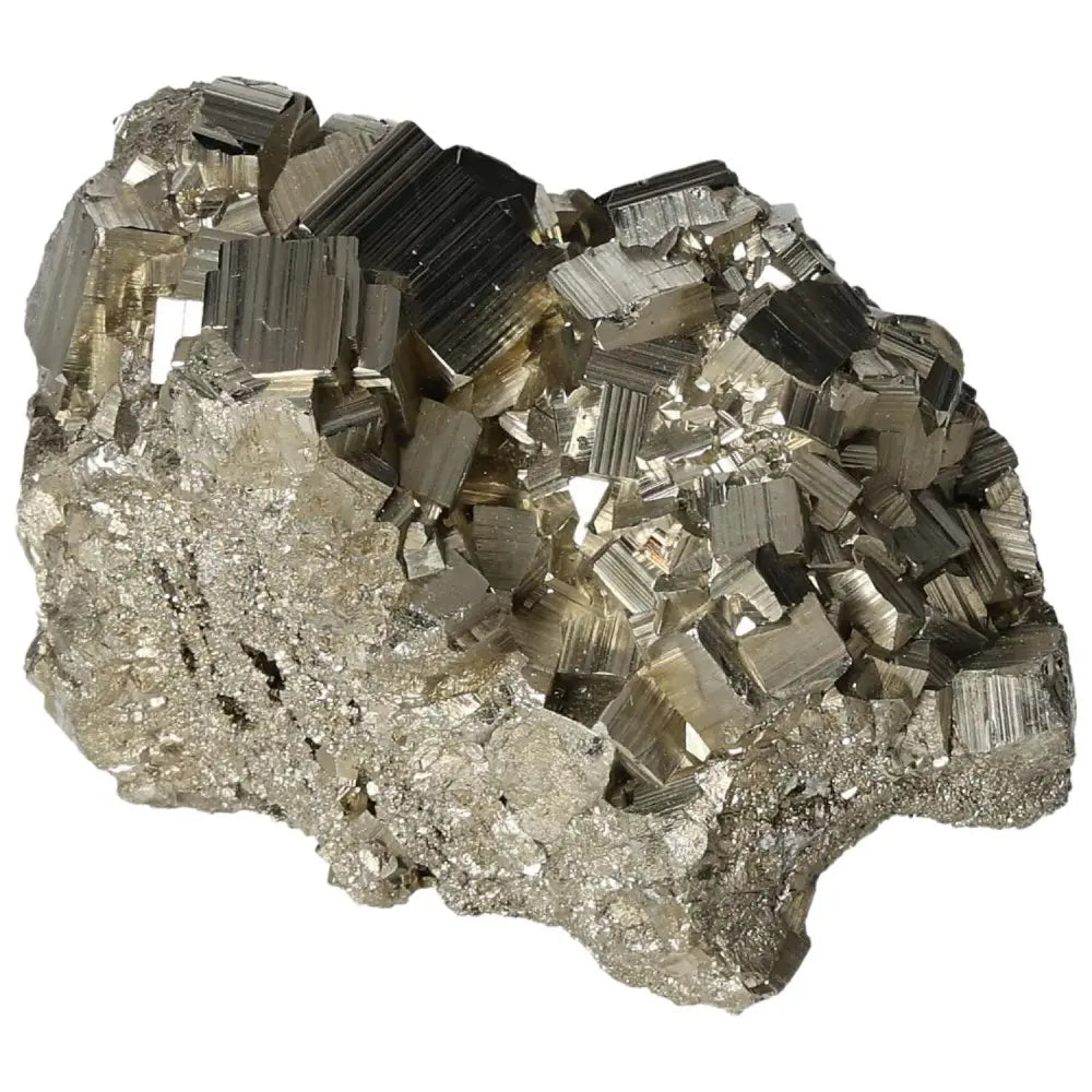 Superior quality pyrite cluster with geometric formations, showcasing metallic luster and intricate natural details.