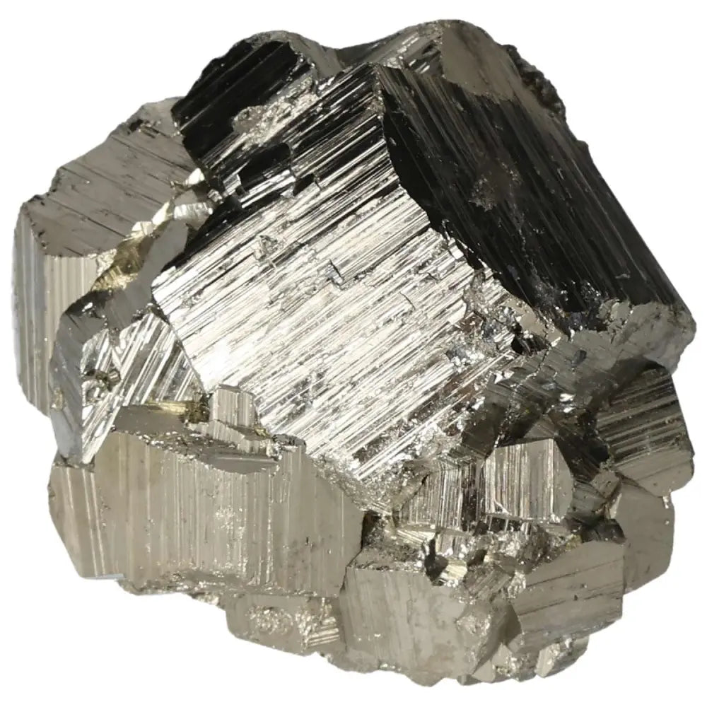 Superior quality pyrite cluster with metallic luster and geometric formations, showcasing intricate natural beauty.