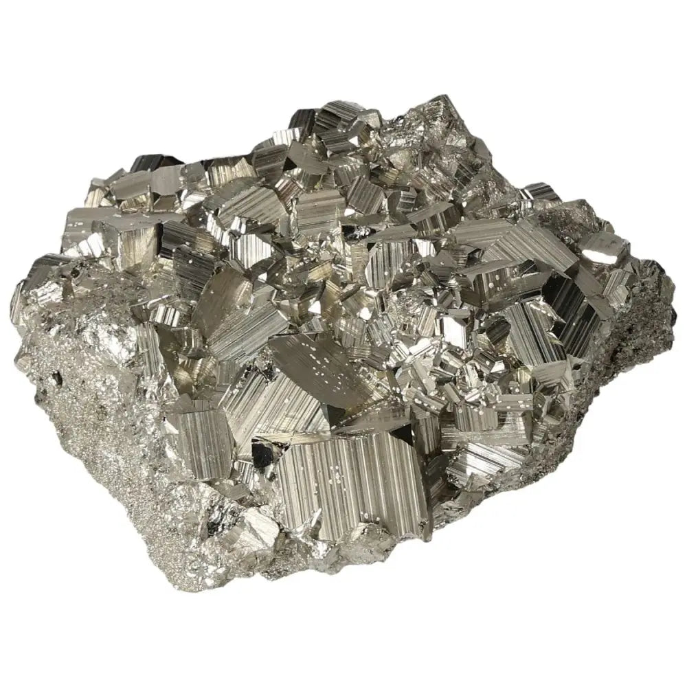 Superior Quality Pyrite Cluster with metallic luster and geometric formations.