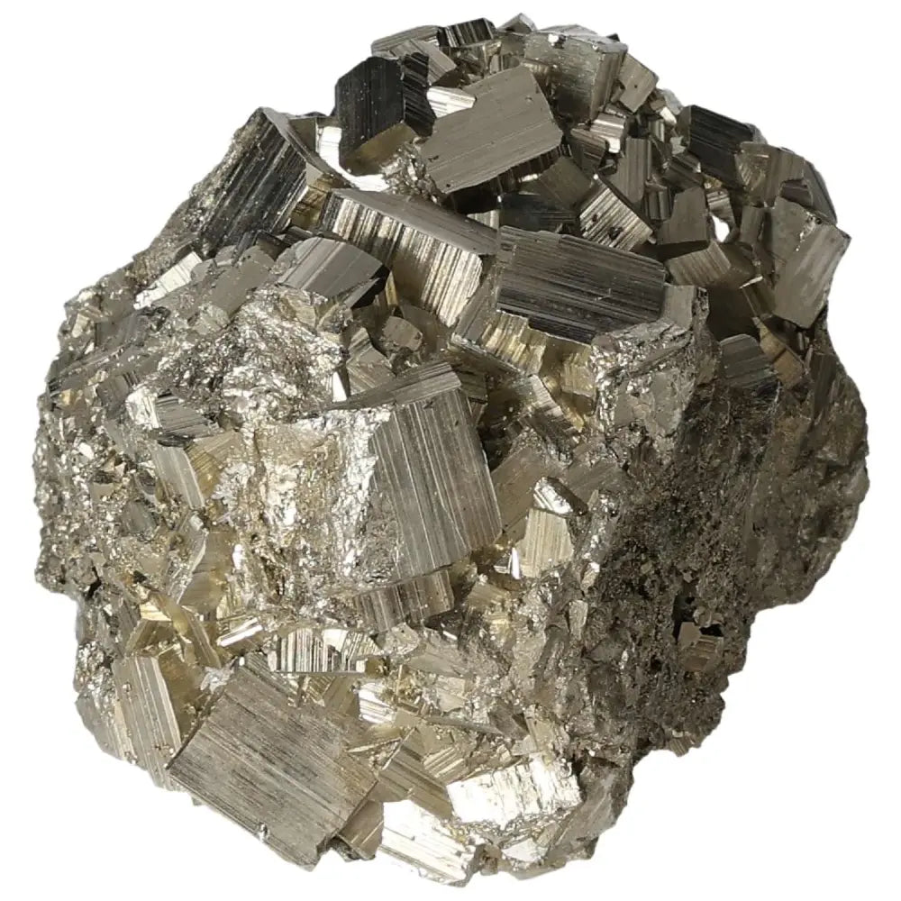 Superior quality pyrite cluster displaying geometric cubic formations and metallic luster, ideal for collectors and mineral enthusiasts.